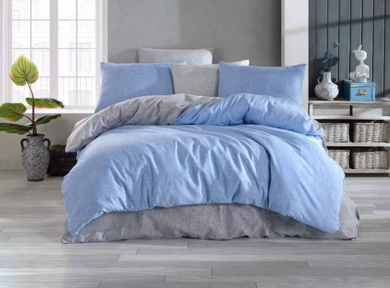 Elastic Blue gray reversible king size duvet cover set