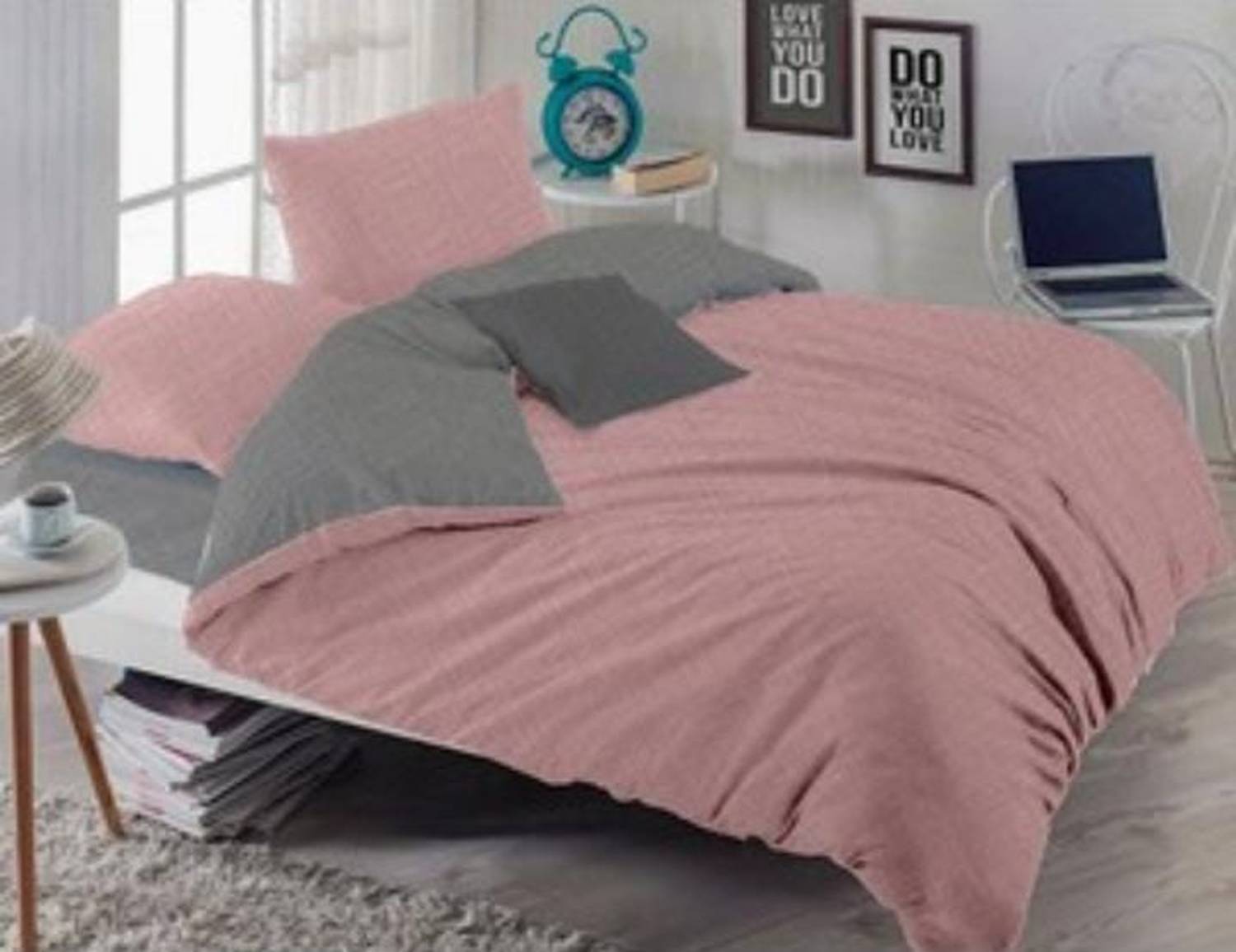 Powder gray double-sided king size duvet cover set with elastication