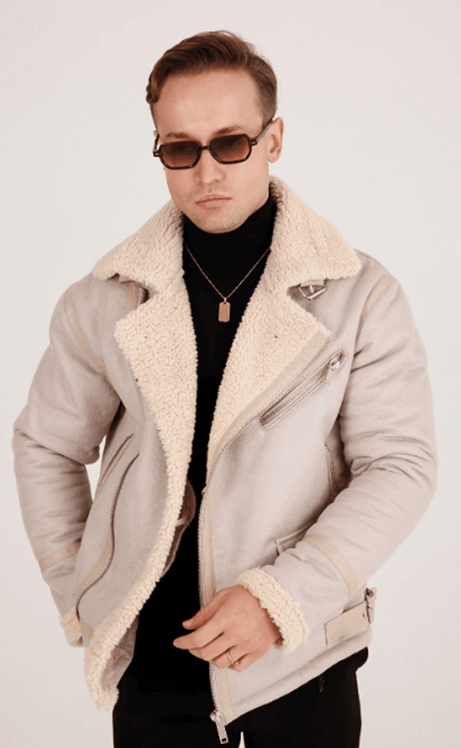 Men's Beige Thick Fur Leather Coat