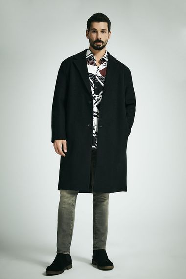 Siyah Oversize Yünlü Kaşe Kaban - photo 1