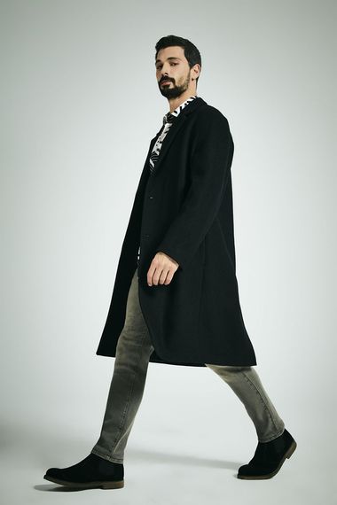 Siyah Oversize Yünlü Kaşe Kaban - photo 2