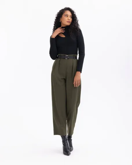 سروال عالي الخصر مع حزام وطيات، تصميم عصري، يناسب الاستخدام اليومي والمناسبات، مصنوع من قماش مريح بجيب، متوفر بمقاسات وألوان متنوعة - صورة 3