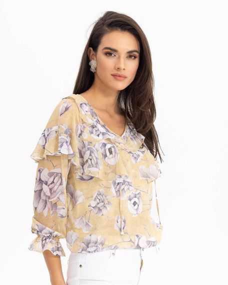 Блуза з квітковим дизайном і воланами, V-виріз, довгі рукави, 100% поліестер, м'яка кольорова гама, ідеальна для стильних образів - фото 1