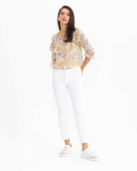 Блуза з квітковим дизайном і воланами, V-виріз, довгі рукави, 100% поліестер, м'яка кольорова гама, ідеальна для стильних образів - фото 2