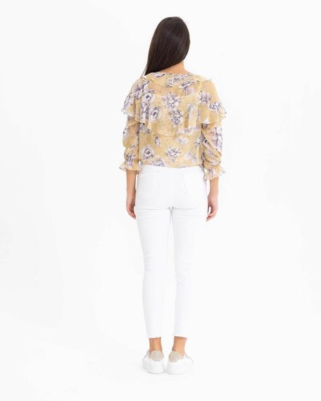 Блуза з квітковим дизайном і воланами, V-виріз, довгі рукави, 100% поліестер, м'яка кольорова гама, ідеальна для стильних образів - фото 4