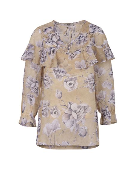 Блуза з квітковим дизайном і воланами, V-виріз, довгі рукави, 100% поліестер, м'яка кольорова гама, ідеальна для стильних образів - фото 5