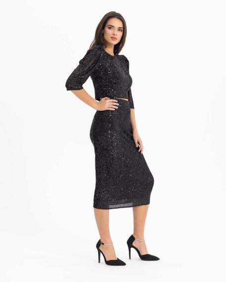 Блузка с открытой спиной и пайетками, круглой горловиной, три четверти рукав и укороченная модель, черный цвет, 100% полиэстер - фото 5