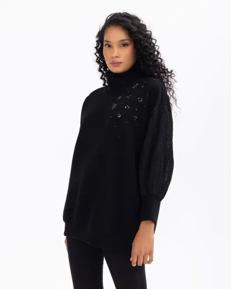 Женский свитшот с высоким воротником и бусинами, стильный и теплый, идеален для холодной погоды, свободный крой для комфорта и моды - фото 1