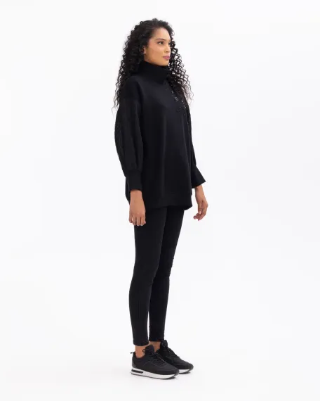 Женский свитшот с высоким воротником и бусинами, стильный и теплый, идеален для холодной погоды, свободный крой для комфорта и моды - фото 3