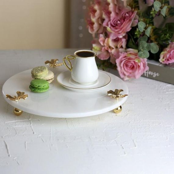 Akayev Mermer Beyaz 30 Cm Altın Ayak Kelebek Yuvarlak Sunum Tabağı - fotoğraf 2