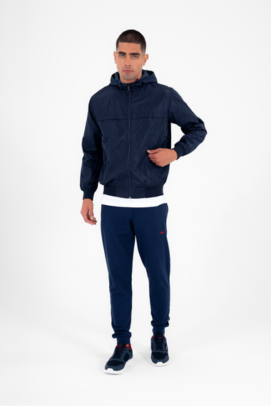 Водовідштовхувальна сезонна тонка куртка Escetic темно-синього кольору з фіксованим капюшоном і підкладкою з малюнком 6569 - фото 1