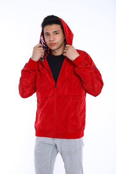 Escetic Claret Red Men's Windbreaker Fixed Hooded Patterned Lined Water Repellent Seasonal Thin Jacket 6570 - photo 2