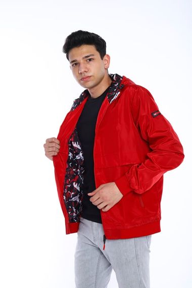 Escetic Claret Red Men's Windbreaker Fixed Hooded Patterned Lined Water Repellent Seasonal Thin Jacket 6570 - photo 1