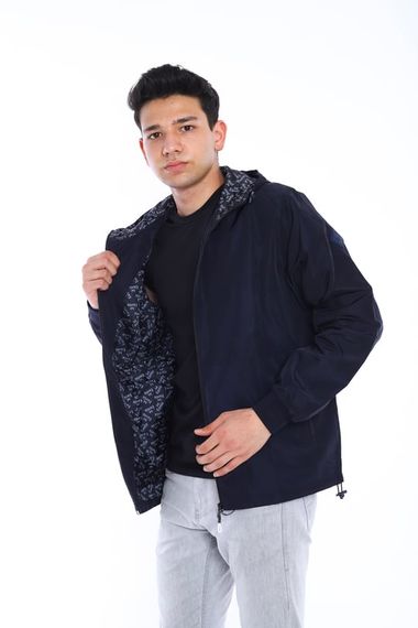 Водовідштовхувальна сезонна тонка куртка Escetic темно-синього кольору з фіксованим капюшоном і підкладкою з малюнком 6571 - фото 1