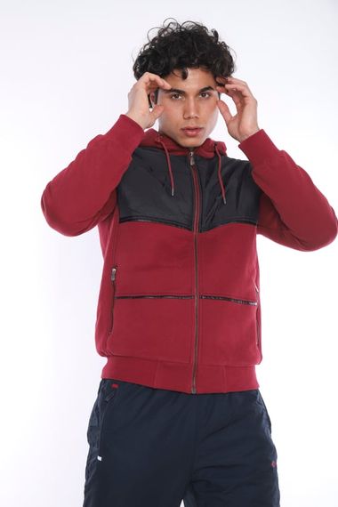 معطف شتوي رياضي رجالي من Escetic Claret Red ذو غطاء للرأس ومبطن بالقطيفة مكون من 3 خيوط 6690 - صورة 5