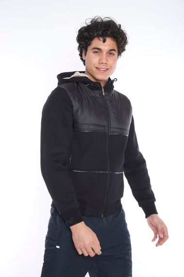 Escetic Black Men's Sports Slimfit Hooded 3 Thread Winter Coat with Plush Lining 6690 - photo 3