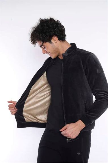 Чорне чоловіче спортивне зимове пальто Esketic Slimfit із коміром-стійкою на плюшевій підкладці, однотонне оксамитове зимове пальто 6706 - фото 2
