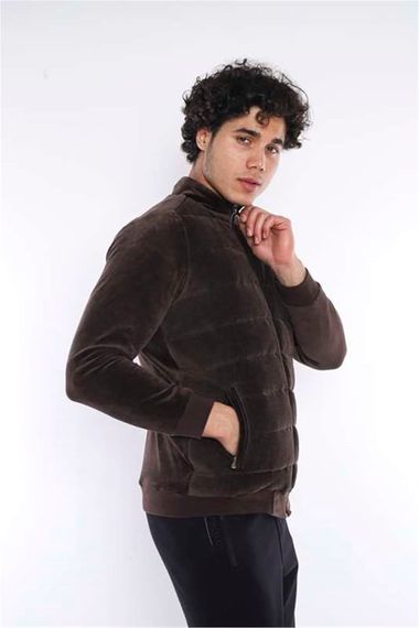 Escetic Brown Men's Sports Slimfit Stand-up Collar Plush Lined Plain Velvet Winter Coat 6706 - photo 3