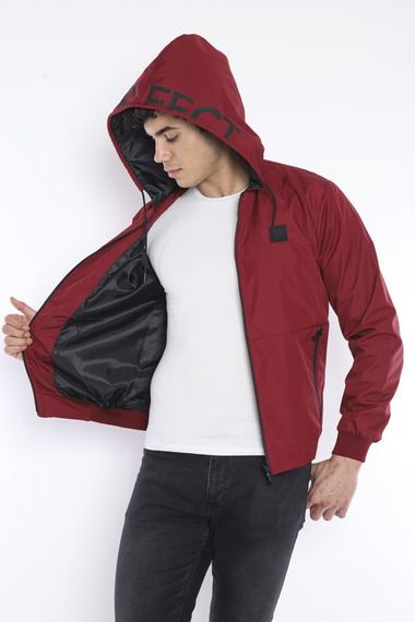 Men's Burgundy Windbreaker Raincoat Thin Hooded Jacket 2 Pockets Patterned Lined 6722 - photo 2