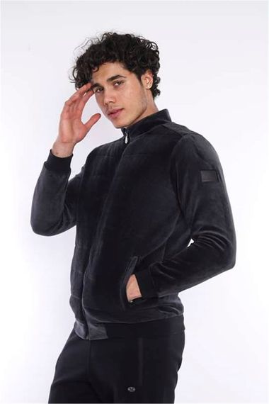 Чорне чоловіче спортивне зимове пальто Esketic Slimfit із коміром-стійкою на плюшевій підкладці, однотонне оксамитове зимове пальто 6706 - фото 5