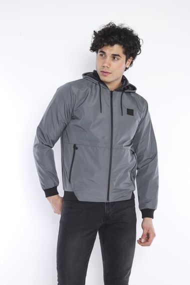 Men's Gray Windbreaker Raincoat Thin Hooded Jacket 2 Pockets Patterned Lined 6722 - photo 4
