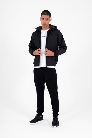 Men's Black Windbreaker Raincoat Thin Hooded Jacket 2 Pockets Patterned Lined 6722 - photo 3