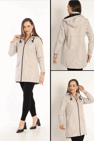 Escetic Beige (Ivory) Women's Removable Hooded Mesh Lined Water Repellent Windbreaker Thin Jacket 7085 - photo 4