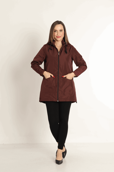 Escetic Maroon Women's Removable Hooded Mesh Lined Water Repellent Windbreaker Thin Jacket 7085 - photo 3