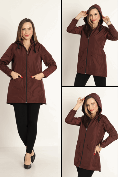 Escetic Maroon Women's Removable Hooded Mesh Lined Water Repellent Windbreaker Thin Jacket 7085 - photo 4