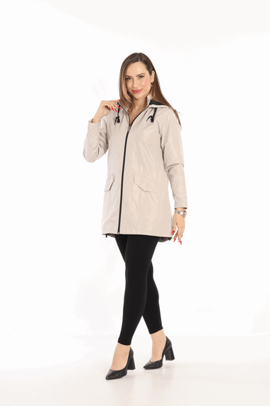 Escetic Beige (Ivory) Women's Removable Hooded Mesh Lined Water Repellent Windbreaker Thin Jacket 7085 - photo 3