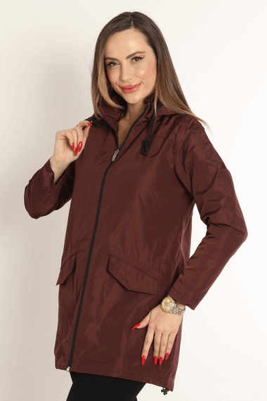 Escetic Maroon Women's Removable Hooded Mesh Lined Water Repellent Windbreaker Thin Jacket 7085 - photo 1