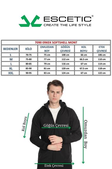 Escetic Khaki Men's Removable Hooded Lined 2 Pockets Water Repellent Windproof Softshell Sports Coat 7090 - photo 3