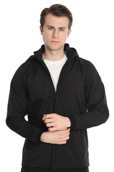 Escetic Men's Black Removable Hooded Lined 2 Pockets Water Repellent Windproof Softshell Sports Coat 7090 - photo 1