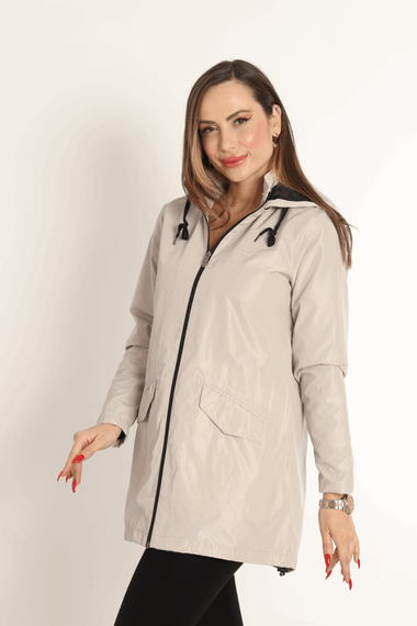 Escetic Beige (Ivory) Women's Removable Hooded Mesh Lined Water Repellent Windbreaker Thin Jacket 7085 - photo 5