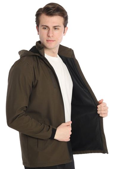Escetic Хаки Мужское съемное спортивное пальто из софтшелла со съемным капюшоном на подкладке и 2 карманами, водоотталкивающее, ветрозащитное, 7090 - фото 4