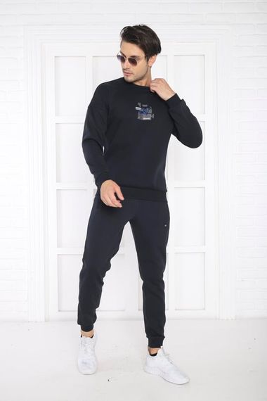 Escetic темно-синий мужской дышащий облегающий спортивный спортивный костюм с 3 нитками 3079 - фото 3