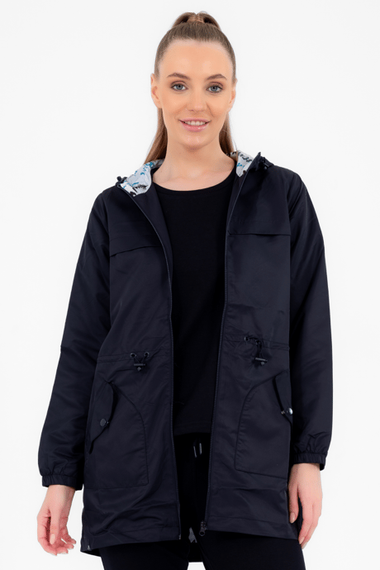 Escetic Women's Navy Blue Windbreaker 2 Pockets Fixed Hooded Patterned Lined Water Repellent Seasonal Thin Jacket 6562 - photo 1