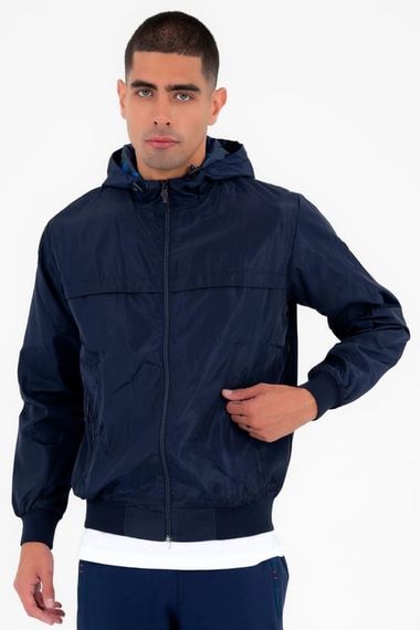 Escetic Navy Blue Men's Windbreaker Fixed Hooded Patterned Lined Water Repellent Seasonal Thin Jacket 6569 - photo 1