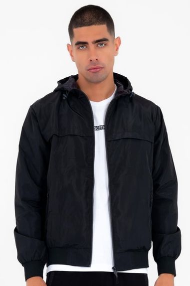 Escetic Black Men's Windbreaker Fixed Hooded Patterned Lined Water Repellent Seasonal Thin Jacket 6569 - photo 1