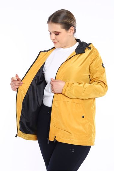 Escetic Mustard Women's Oversize Windbreaker Fixed Hooded Lined Water Repellent Seasonal Thin Jacket 6575 - photo 4