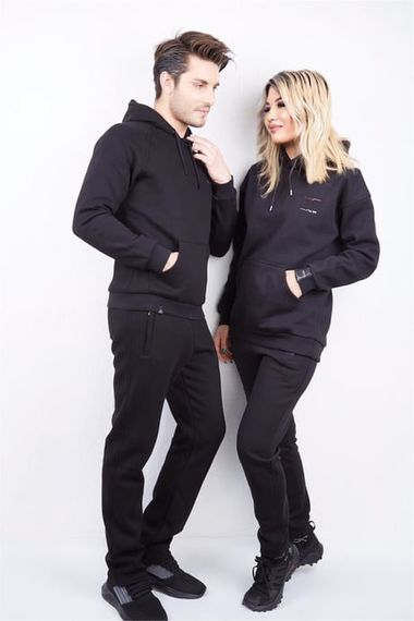 Escetic Siyah Unisex (Kadın/Erkek) 3 İplik Şardonlu Kışlık Oversize Sweat 3057 - fotoğraf 3