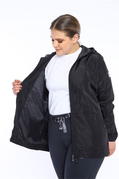 Escetic Black Women's Oversize Windbreaker Hard Hooded Lined Water Repellent Seasonal Thin Jacket 6575 - photo 4