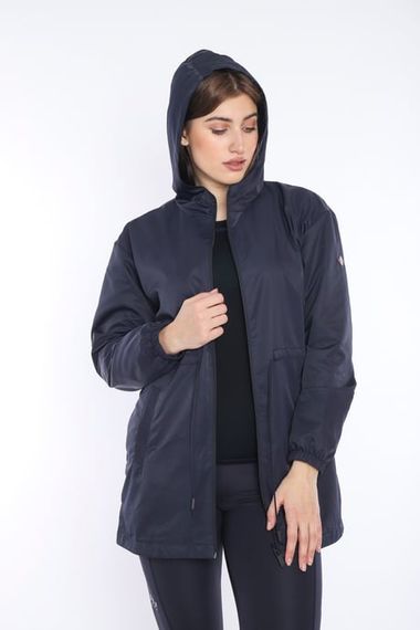 Escetic Women's Navy Blue Mesh Lined Pocket Hooded Sports Windbreaker Raincoat Thin Jacket 6723 - photo 3