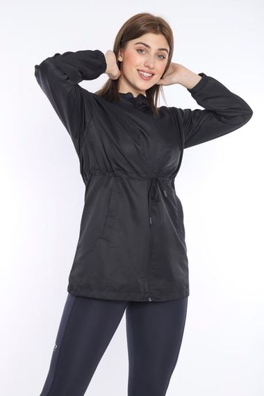 Escetic Women's Black Mesh Lined Pocket Hooded Sports Windbreaker Raincoat Thin Jacket 6723 - photo 4