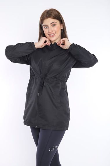 Escetic Women's Black Mesh Lined Pocket Hooded Sports Windbreaker Raincoat Thin Jacket 6723 - photo 1