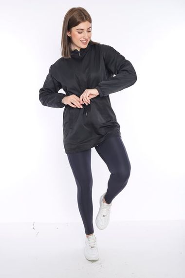 Escetic Women's Black Mesh Lined Pocket Hooded Sports Windbreaker Raincoat Thin Jacket 6723 - photo 3