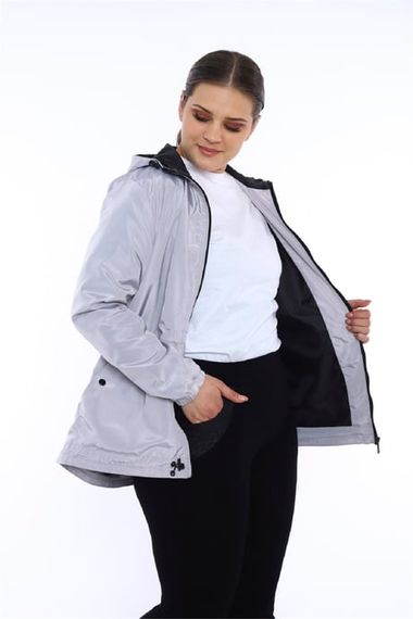 Escetic Gray Women's Oversize Windbreaker Fixed Hooded Lined Water Repellent Seasonal Thin Jacket 6575 - photo 4