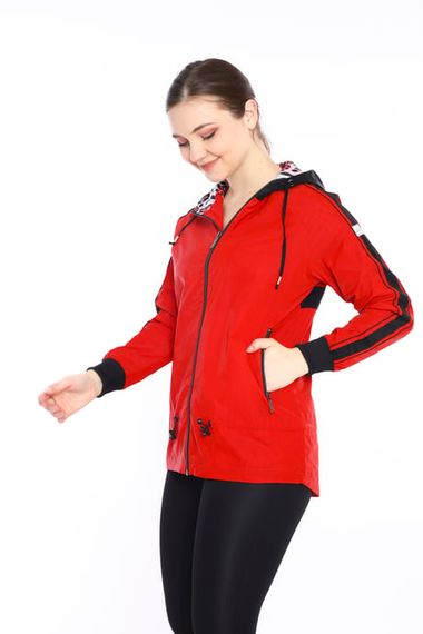 Escetic Red Women's Sports Hooded Water Repellent Windbreaker Zippered Thin Jacket 6560 - photo 1