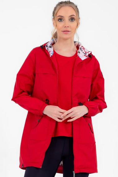 Escetic Women's Red Windbreaker 2 Pockets Hard Hooded Patterned Lined Water Repellent Seasonal Thin Jacket 6562 - photo 1