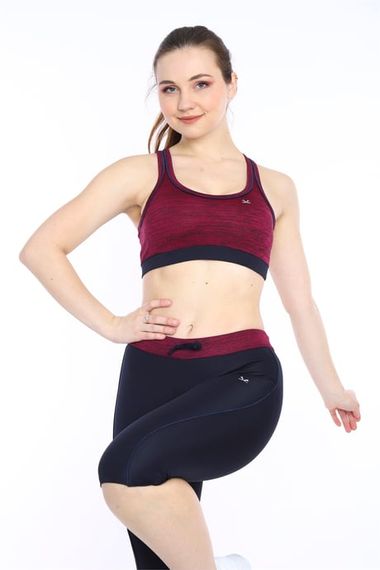 Escetic Kadın Vişne Kırçıllı Fitness Bra Yoga Spor Büstiyer Kapri Tayt Takım 0116-1 - fotoğraf 5